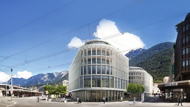 Das Neubauprojekt am Bahnhofplatz Chur in einer Visualisierung. Das Neubauprojekt am Bahnhofplatz Chur in einer Visualisierung.