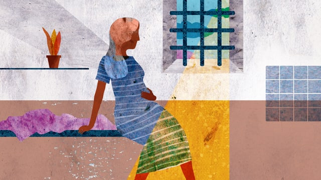 Illustration: Eine schwangere Frau im Gefängnis. Illustration: Eine schwangere Frau im Gefängnis.