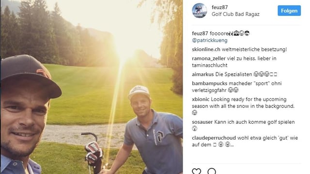 Auf dem Golfplatz: Patrick Küng und Beat Feuz. Auf dem Golfplatz: Patrick Küng und Beat Feuz.
