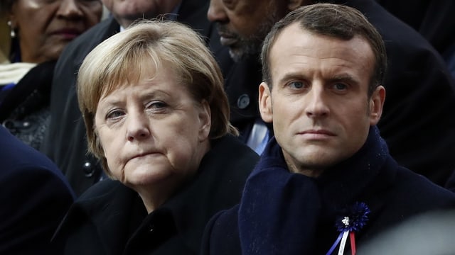 Gesichter von Merkel und Macron. Gesichter von Merkel und Macron.