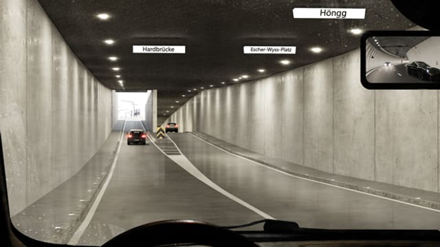 Ein Tunnel mit zwei Spuren, oben angeschrieben auf der linken Seite «Hardbrücke» und auf der rechten Spur «Höngg» und «Escher-Wyss-Platz». Ein Tunnel mit zwei Spuren, oben angeschrieben auf der linken Seite «Hardbrücke» und auf der rechten Spur «Höngg» und «Escher-Wyss-Platz».