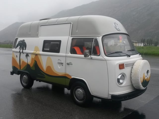 Palmen gegen den Regen:der Bus von SRF 3 Hörer Hans-Peter Steiner.