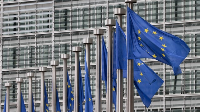 EU-Flaggen vor dem europäischen Parlament in Brüssel. EU-Flaggen vor dem europäischen Parlament in Brüssel.