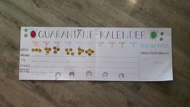 Ein Quarantäne-Kalender. Er ist nur bis zum fünften Tag ausgefüllt. Ein Quarantäne-Kalender. Er ist nur bis zum fünften Tag ausgefüllt.