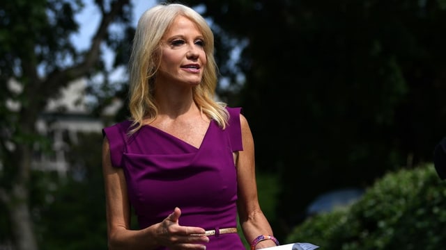 Conway spricht in einem violetten Kleid zu Reportern. Conway spricht in einem violetten Kleid zu Reportern.
