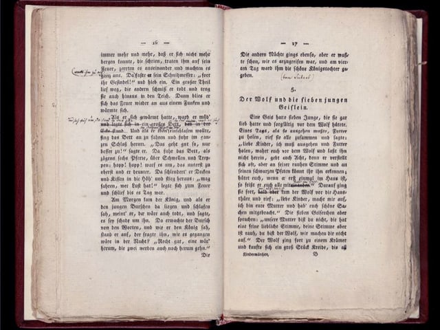 Eine Seite aus den Grimms Märchen von 1812: Der Wolf und die sieben Geisslein Eine Seite aus den Grimms Märchen von 1812: Der Wolf und die sieben Geisslein