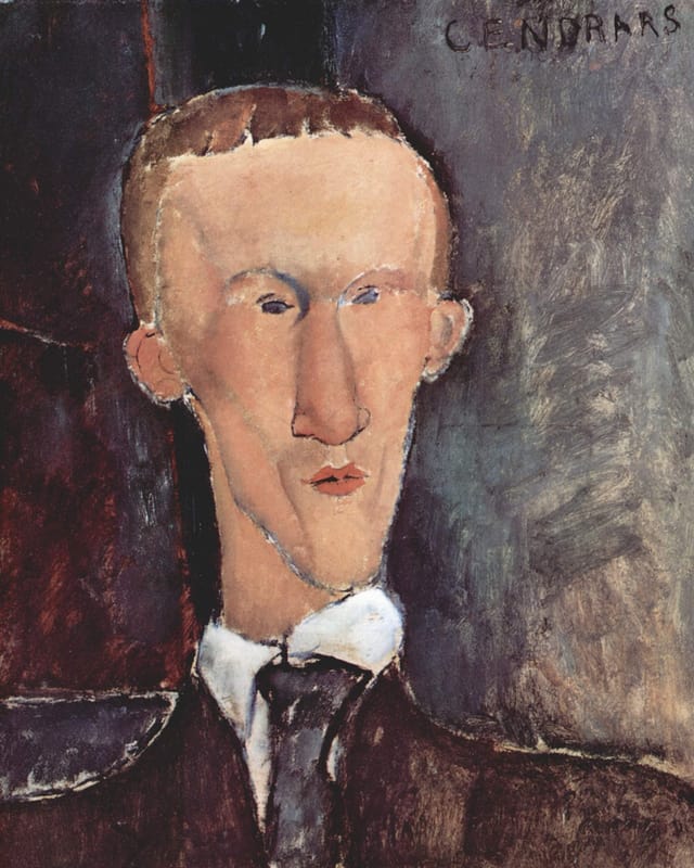 Mit groben Pinselstrichen hat Amedeo Modigliani den schweizer Schriftsteller als hageren jungen Mann gemalt. Das Farbspektrum reicht von Blau bis Schwarz.