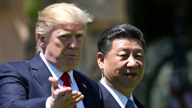 Trump steht neben Xi und gestikuliert. Trump steht neben Xi und gestikuliert.