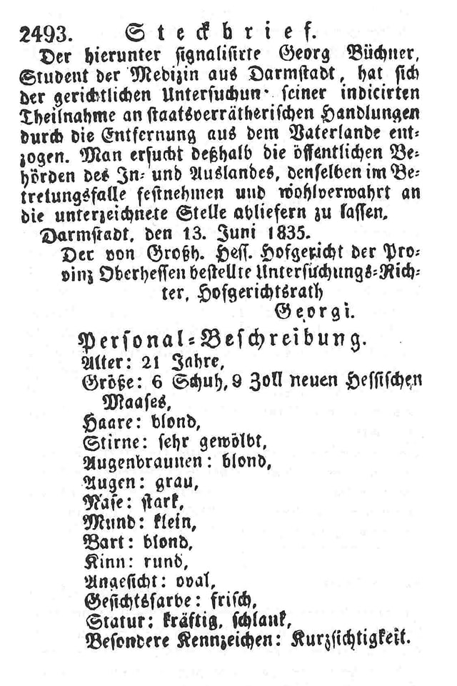 Steckbrief von Georg Büchner Steckbrief von Georg Büchner
