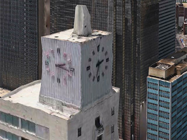 3D-Kartenansicht: Uhrenturm in einer Grosstadt. Der Turm ist stark deformiert, die zwei Uhren auf den verschiedenen Seiten zeigen unterschiedliche Zeiten an 3D-Kartenansicht: Uhrenturm in einer Grosstadt. Der Turm ist stark deformiert, die zwei Uhren auf den verschiedenen Seiten zeigen unterschiedliche Zeiten an