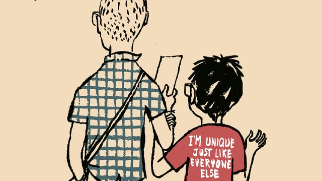 Comic: Rückenansicht von einem Mann und einem Kind. Überschrift: Maria y yo. Comic: Rückenansicht von einem Mann und einem Kind. Überschrift: Maria y yo.