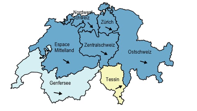 Schweizerkarte mit den Wirtschafts-Grossregionen. Schweizerkarte mit den Wirtschafts-Grossregionen.