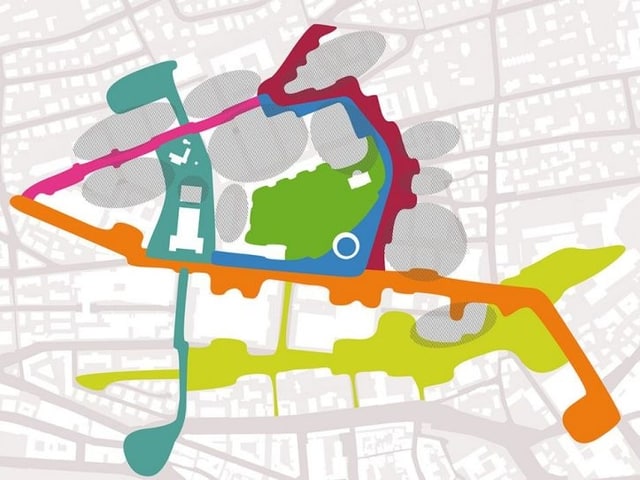 Plan des Hochschulquartiers mit farbigen Flächen Plan des Hochschulquartiers mit farbigen Flächen