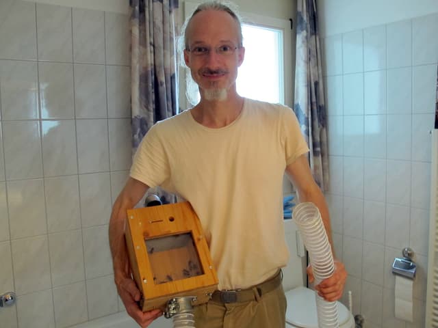 Andi Roost bei einer Umsiedlungsaktion. Die Hornissen saugt er in eine Transportbox. Andi Roost bei einer Umsiedlungsaktion. Die Hornissen saugt er in eine Transportbox.