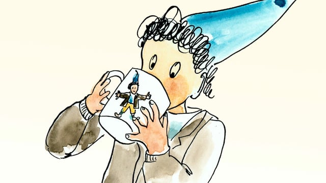 Schellen-Ursli trinkt aus einer Tasse. Darauf ist der Schellen-Ursli zu sehen. Schellen-Ursli trinkt aus einer Tasse. Darauf ist der Schellen-Ursli zu sehen.
