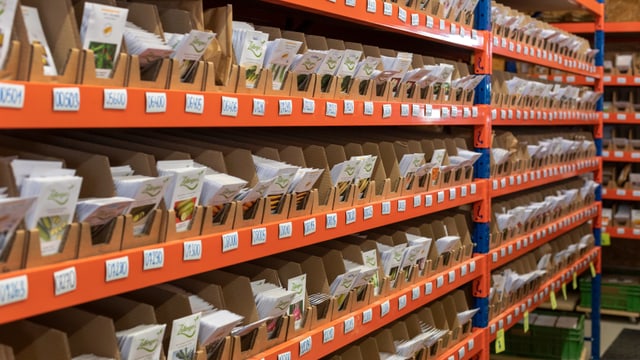 Ein Regal voller abgepackter Samen. Insgesamt über 100 sind auf dem Bild zu sehen. Ein Regal voller abgepackter Samen. Insgesamt über 100 sind auf dem Bild zu sehen.
