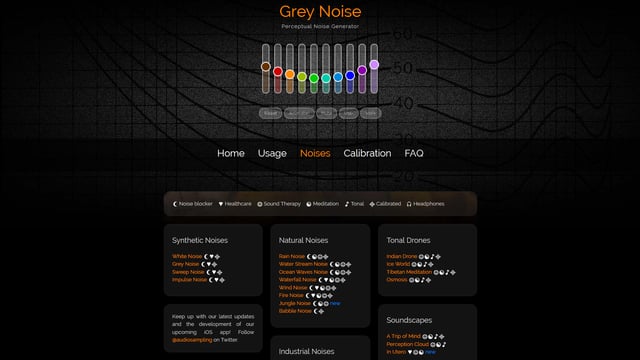 Screenshot der Homepage der Webseite myNoise Screenshot der Homepage der Webseite myNoise