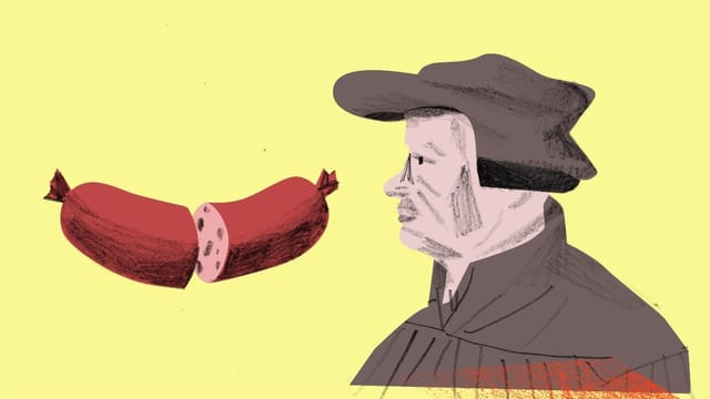 Eine Illustration, die Luther zeigt und eine geteilte Wurst. Eine Illustration, die Luther zeigt und eine geteilte Wurst.