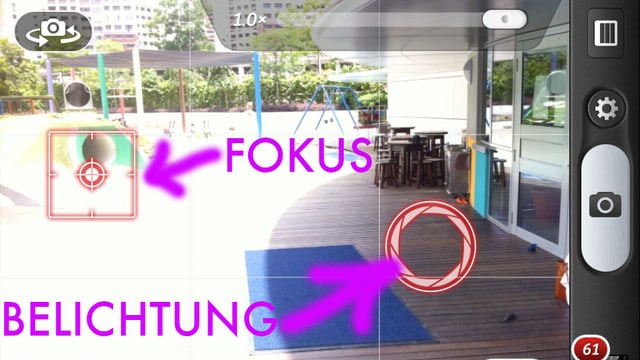Screenshot einer Foto-App zeigt einen Cursor für Fokus und einen für Belichtungsmessung. Screenshot einer Foto-App zeigt einen Cursor für Fokus und einen für Belichtungsmessung.