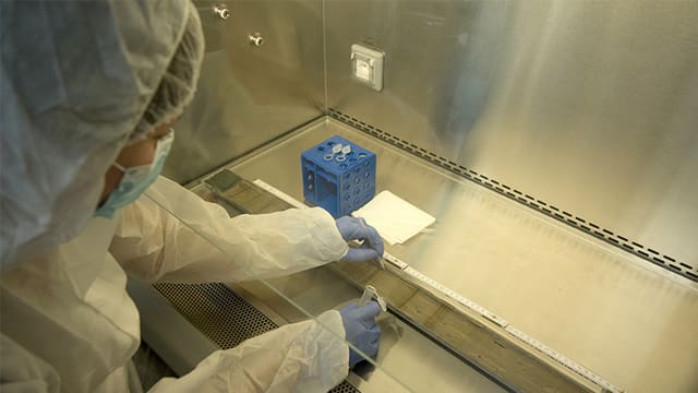 Eine Laborantin arbeitet unter sterilen Bedingungen mit einer Pipette und einem kleinen Behälter in der Hand. Eine Laborantin arbeitet unter sterilen Bedingungen mit einer Pipette und einem kleinen Behälter in der Hand.