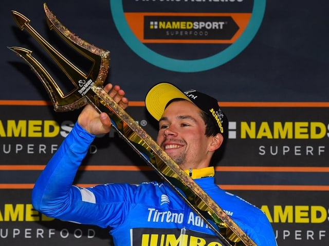 Primoz Roglic nach seinem diesjährigen Gesamtsieg beim Tirreno-Adriatico. Primoz Roglic nach seinem diesjährigen Gesamtsieg beim Tirreno-Adriatico.