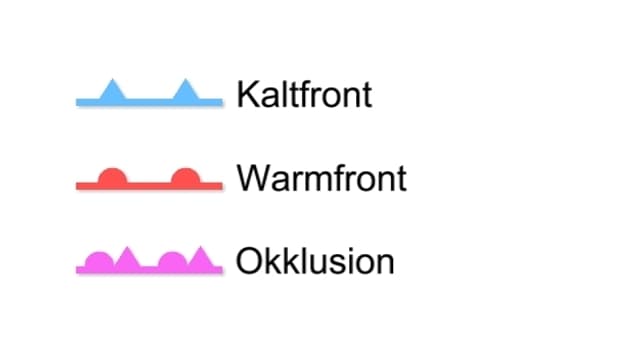 Blaue Kaltfront, Rote Warmfrontm, violette Okklusion. Blaue Kaltfront, Rote Warmfrontm, violette Okklusion.