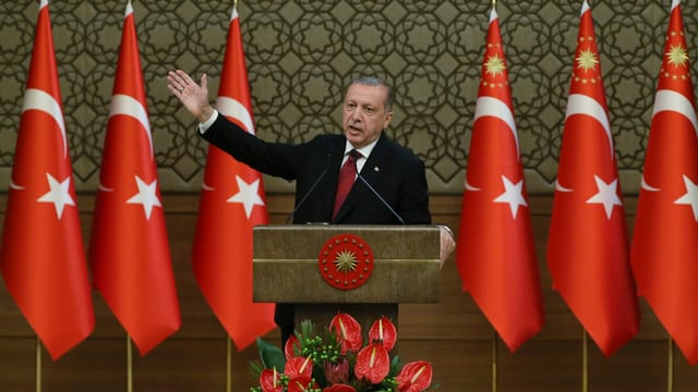 Erdogan an einem Rednerpult, hinter ihm aufgereiht türkische Fahnen. Erdogan an einem Rednerpult, hinter ihm aufgereiht türkische Fahnen.