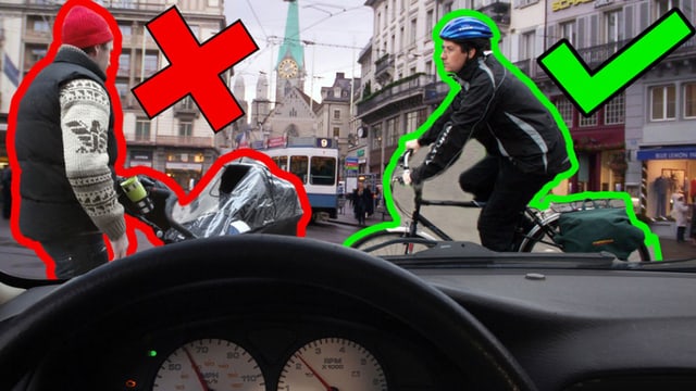 Simulation Verkehrssituation. Zwei Velofahrer vor einem Auto. Simulation Verkehrssituation. Zwei Velofahrer vor einem Auto.