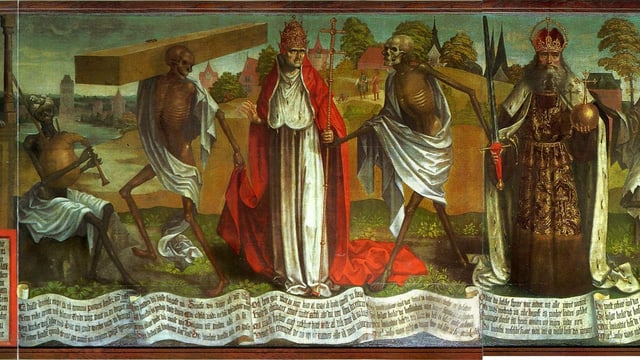 Geistliche und Adlige werden von Skeletten zum Tanz aufgefordert. Geistliche und Adlige werden von Skeletten zum Tanz aufgefordert.
