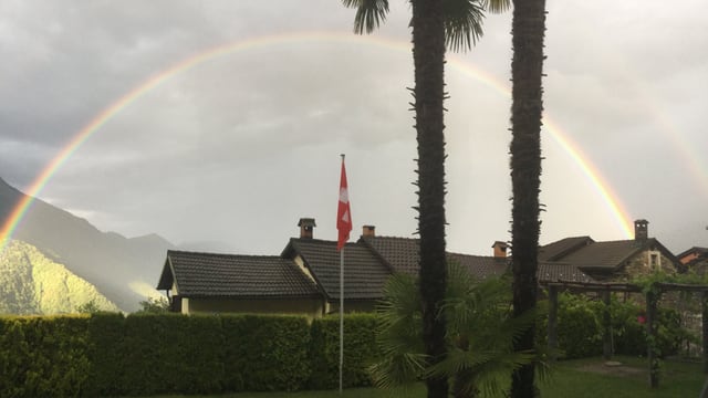 Regenbogen hinter Palmen und Tessiner Häusern. Regenbogen hinter Palmen und Tessiner Häusern.