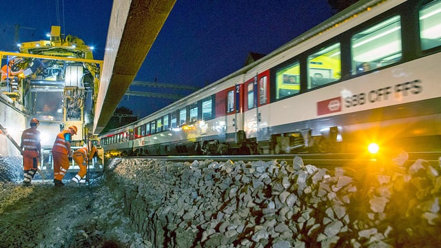 Zug fährt an Baustelle vorbei. Zug fährt an Baustelle vorbei.