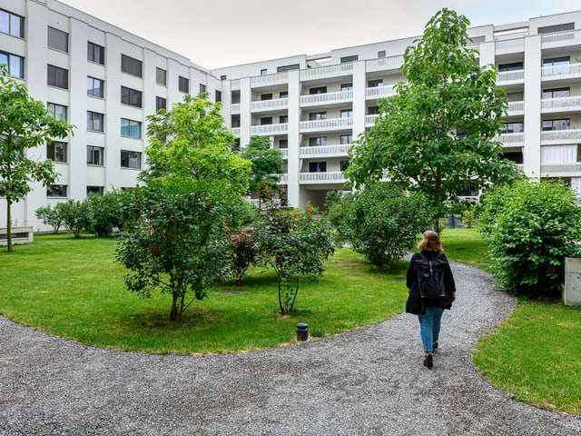 Eine Frau in einem begrünten Innenhof. Eine Frau in einem begrünten Innenhof.