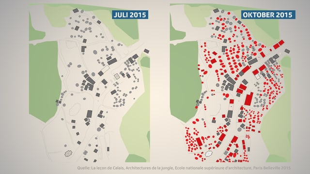 Plan von Flüchtlinscamp: links im Juli, rechts im Oktober 2015 Plan von Flüchtlinscamp: links im Juli, rechts im Oktober 2015