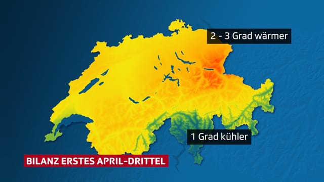 Karte der Schweiz mit der Temperaturabweichung. Im Norden gelb und orange für zu warm, im Süden grün für etwas zu kalt. Karte der Schweiz mit der Temperaturabweichung. Im Norden gelb und orange für zu warm, im Süden grün für etwas zu kalt.
