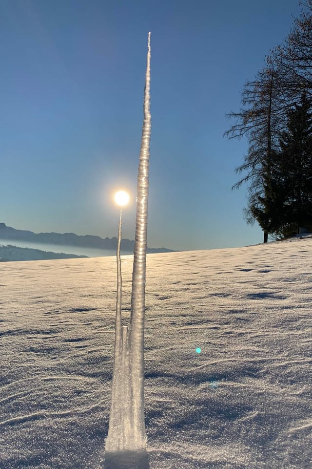 «Ich habe beim Winterspaziergang auf Ringgis diverse Eiszapfen am Dachkännel eines Hauses entdeckt. Da kam mir die Idee für dieses Foto. Gegensätze, Eis und Wärme vertragen sich wenn der Abstand stimmt. Oder der Eiszapfen ist so stark, dass er die sonne tragen kann.»