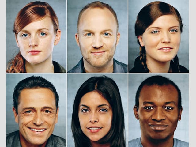Drei Männer und drei Frauen mit unterschiedlich dunkler Haut Drei Männer und drei Frauen mit unterschiedlich dunkler Haut