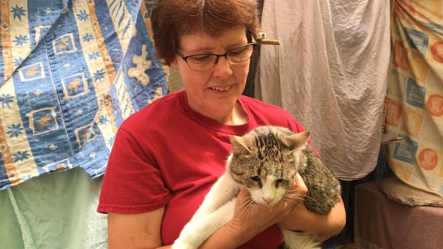 Silvie Schmid hält den Kater auf den Armen. Silvie Schmid hält den Kater auf den Armen.