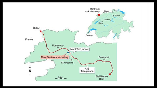Karte, die den Standort des Felslabors Mont Terri zeigt. Karte, die den Standort des Felslabors Mont Terri zeigt.