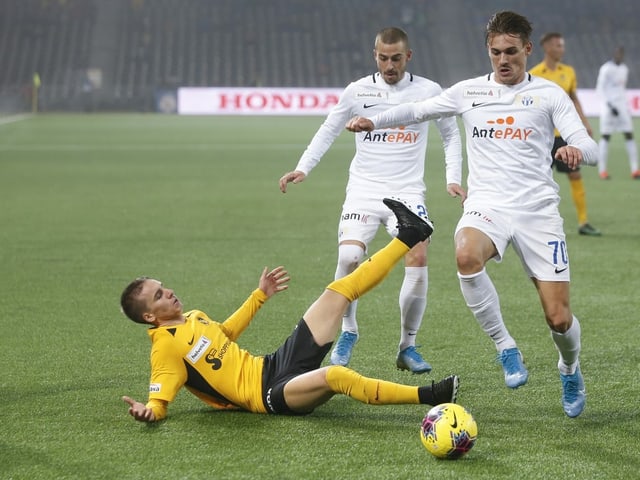 Ybs Gianluca Gaudino im Zweikampf mit zwei Zürchern. Ybs Gianluca Gaudino im Zweikampf mit zwei Zürchern.