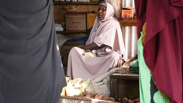 Verkäuferin auf einem Markt im Camp Hagadera. Verkäuferin auf einem Markt im Camp Hagadera.