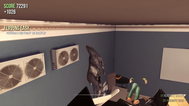 Eine Ziege steckt mit dem Kopf in einer Wand fest und hängt vom Hals hinunter herab. Von einem in der gegenüberliegenden Wand feststeckenden Menschen sind nur Hände und Beine zu sehen. Eine Ziege steckt mit dem Kopf in einer Wand fest und hängt vom Hals hinunter herab. Von einem in der gegenüberliegenden Wand feststeckenden Menschen sind nur Hände und Beine zu sehen.