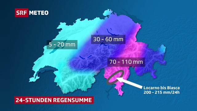 Die Schweizer Karte zeigt, in welchen Regionen besonders viel Regen fiel. Das Tessin, Teile Graubündens und das Rheintal stechen besonders ins Auge. Die Schweizer Karte zeigt, in welchen Regionen besonders viel Regen fiel. Das Tessin, Teile Graubündens und das Rheintal stechen besonders ins Auge.