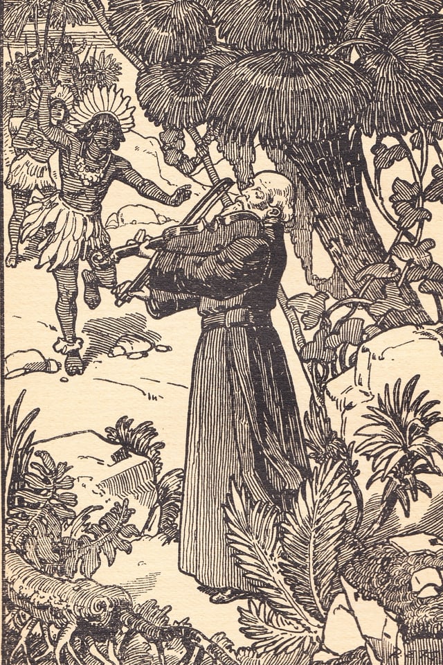 Zeichnung: Ein Mönch spielt Geige, aus dem Hintergrund eilen Indigene auf ihn zu.