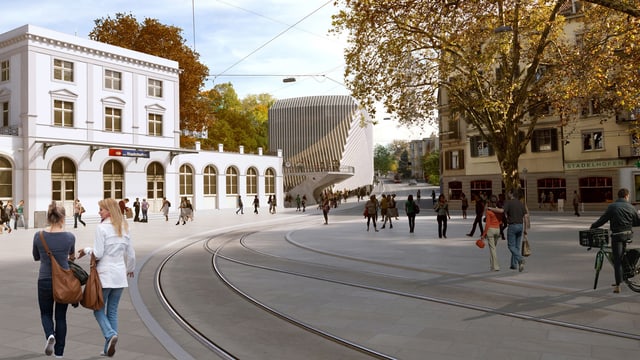 Visualisierung Calatrava-Bau Haus zum Falken mit dem Bahnhof Stadelhofen im Vordergrund Visualisierung Calatrava-Bau Haus zum Falken mit dem Bahnhof Stadelhofen im Vordergrund