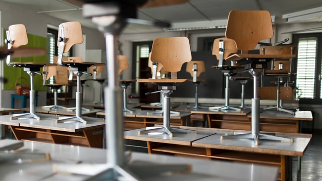 Ein Schulzimmer mit Stühlen auf den Tischen. Ein Schulzimmer mit Stühlen auf den Tischen.