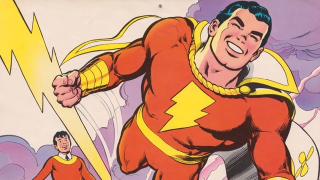 Comiczeichnung vom Jungen Billy und Superhelden Shazam. Comiczeichnung vom Jungen Billy und Superhelden Shazam.