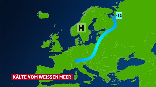 Zugbahn der Kaltluft vom Weissen Meer zur Schweiz. Zugbahn der Kaltluft vom Weissen Meer zur Schweiz.