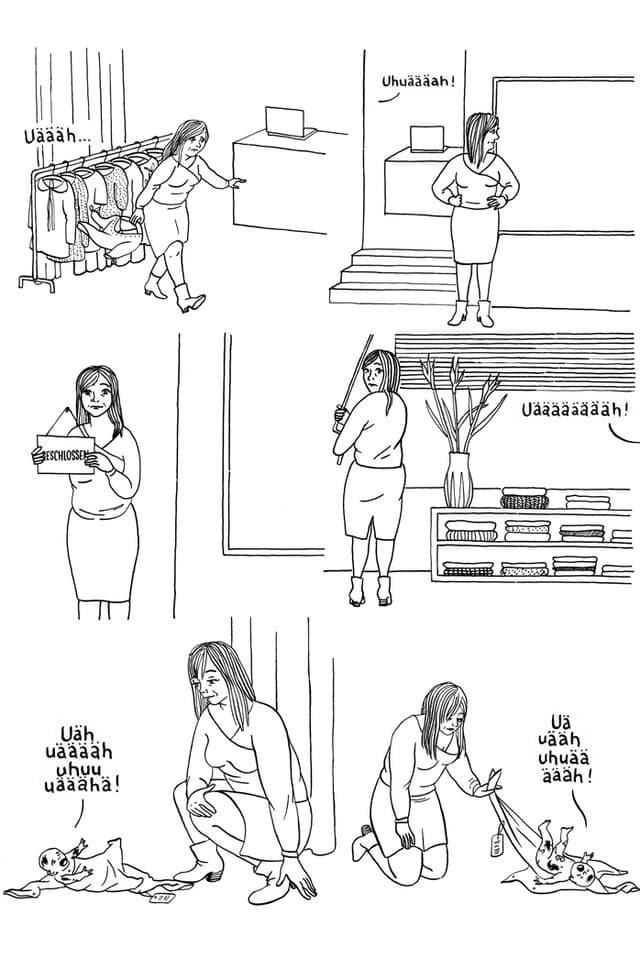 Comic: Helen beschliesst das Baby zu behalten und versteckt es im Hinterzimmer der Boutique. Comic: Helen beschliesst das Baby zu behalten und versteckt es im Hinterzimmer der Boutique.