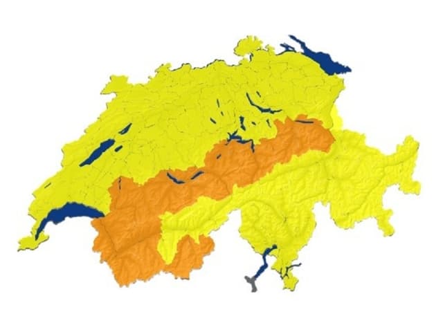 Eine Karte der Schweiz mit orangen und gelben Flächen. Eine Karte der Schweiz mit orangen und gelben Flächen.