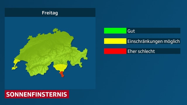 Eine fast grüne Schweizerkarte, die Chancen stehen gut, an den meisten Orten kann man die Sonnenfinsternis beobachten. Eine fast grüne Schweizerkarte, die Chancen stehen gut, an den meisten Orten kann man die Sonnenfinsternis beobachten.